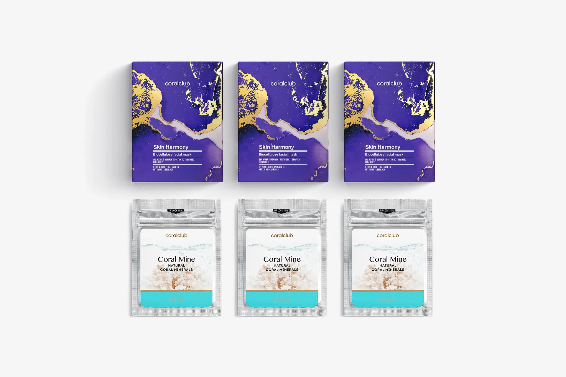 Skin Harmony Biocellulose facial mask, 25 ml, 15 sobres + Coral-Mine, 30 sobres de 1 g